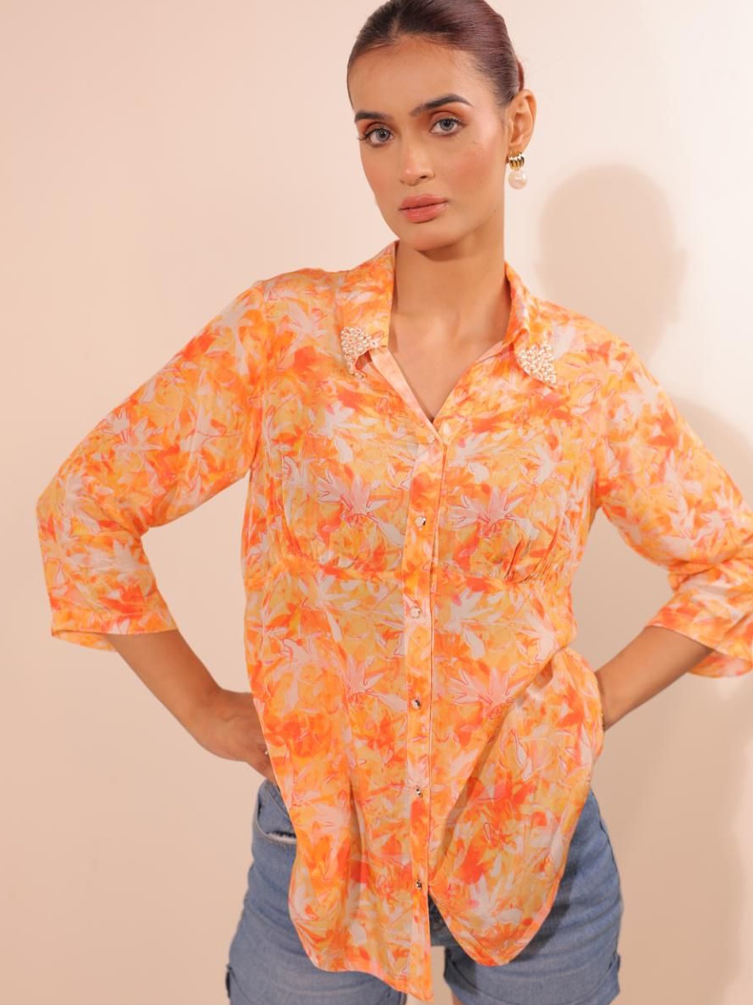 

Komarri U Women Printed Mandarin Collar Tropical Top, Orange