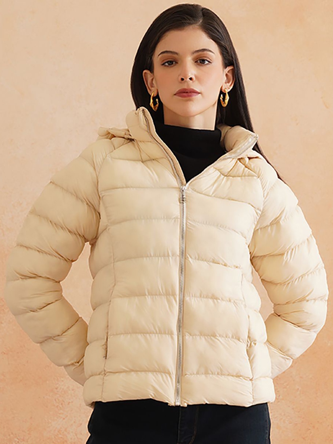 

Beatnik Women Hooded Solid Casual Puffer Jacket, Cream