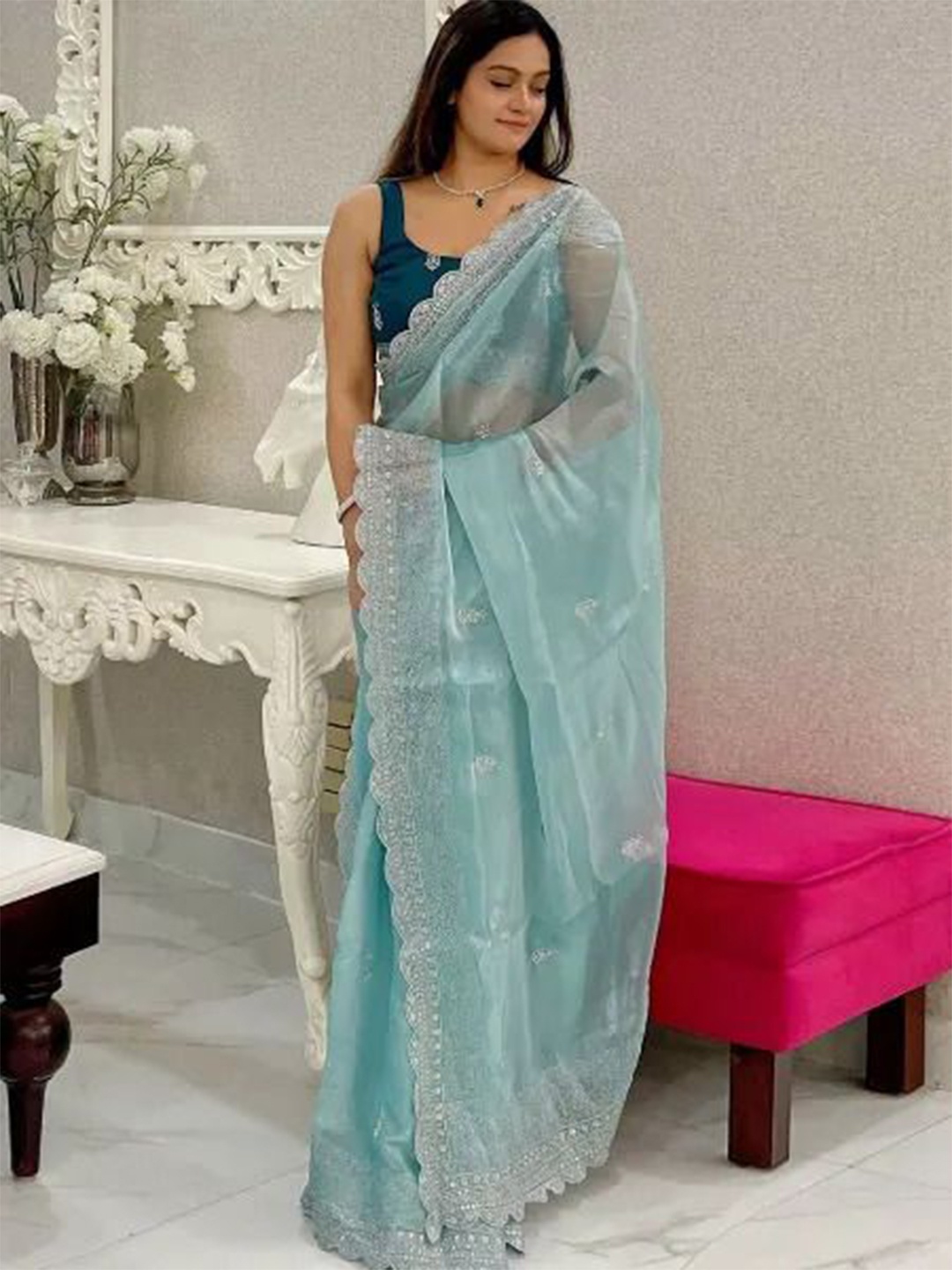 

ZIKARAA Floral Sequinned Embellished Pure Silk Saree, Turquoise blue