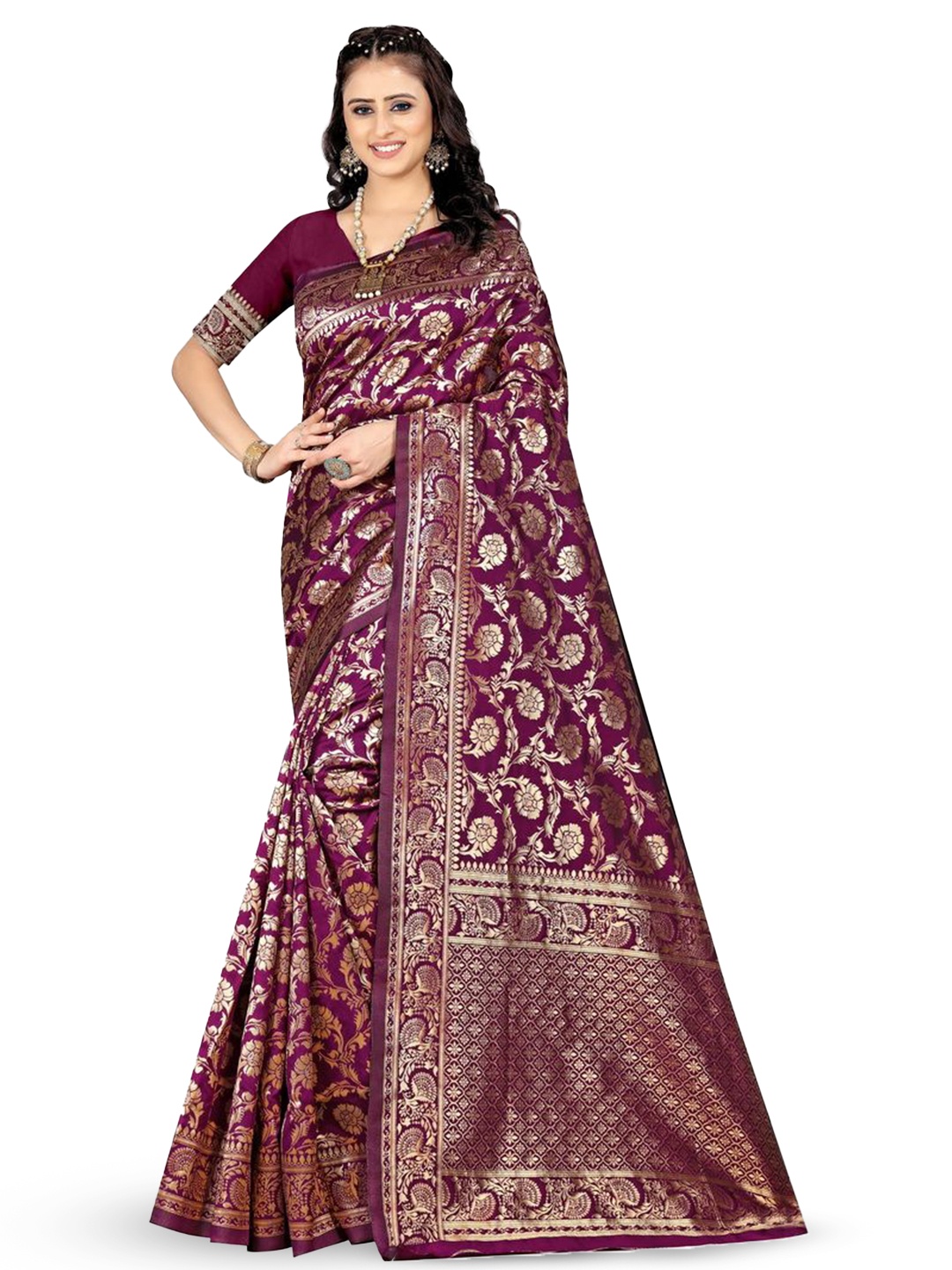 

KALINI Woven Design Zari Silk Blend Kanjeevaram Saree, Purple