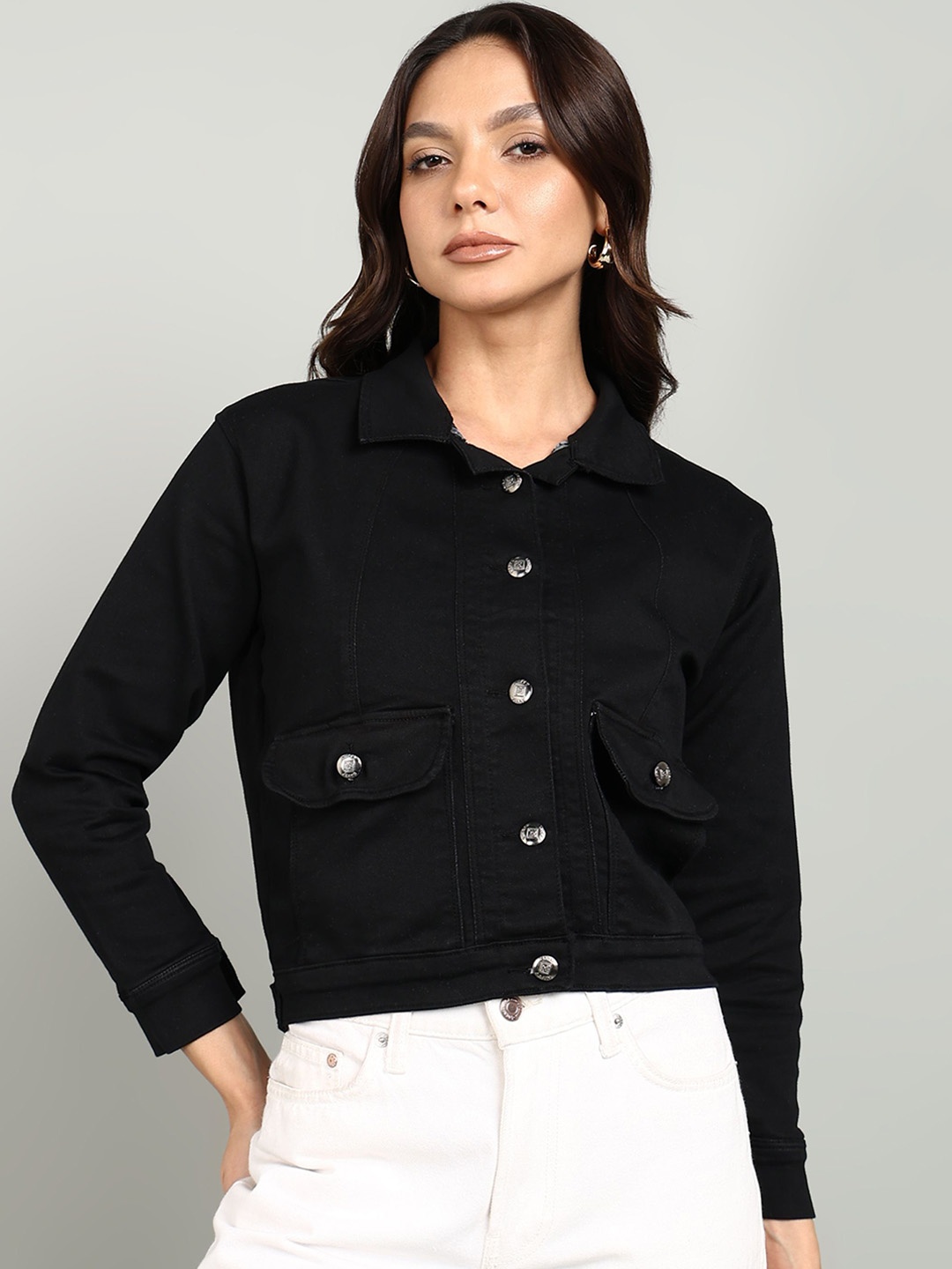 

Nifty Women Spread Collar Solid Cotton Casual Denim Jacket, Black