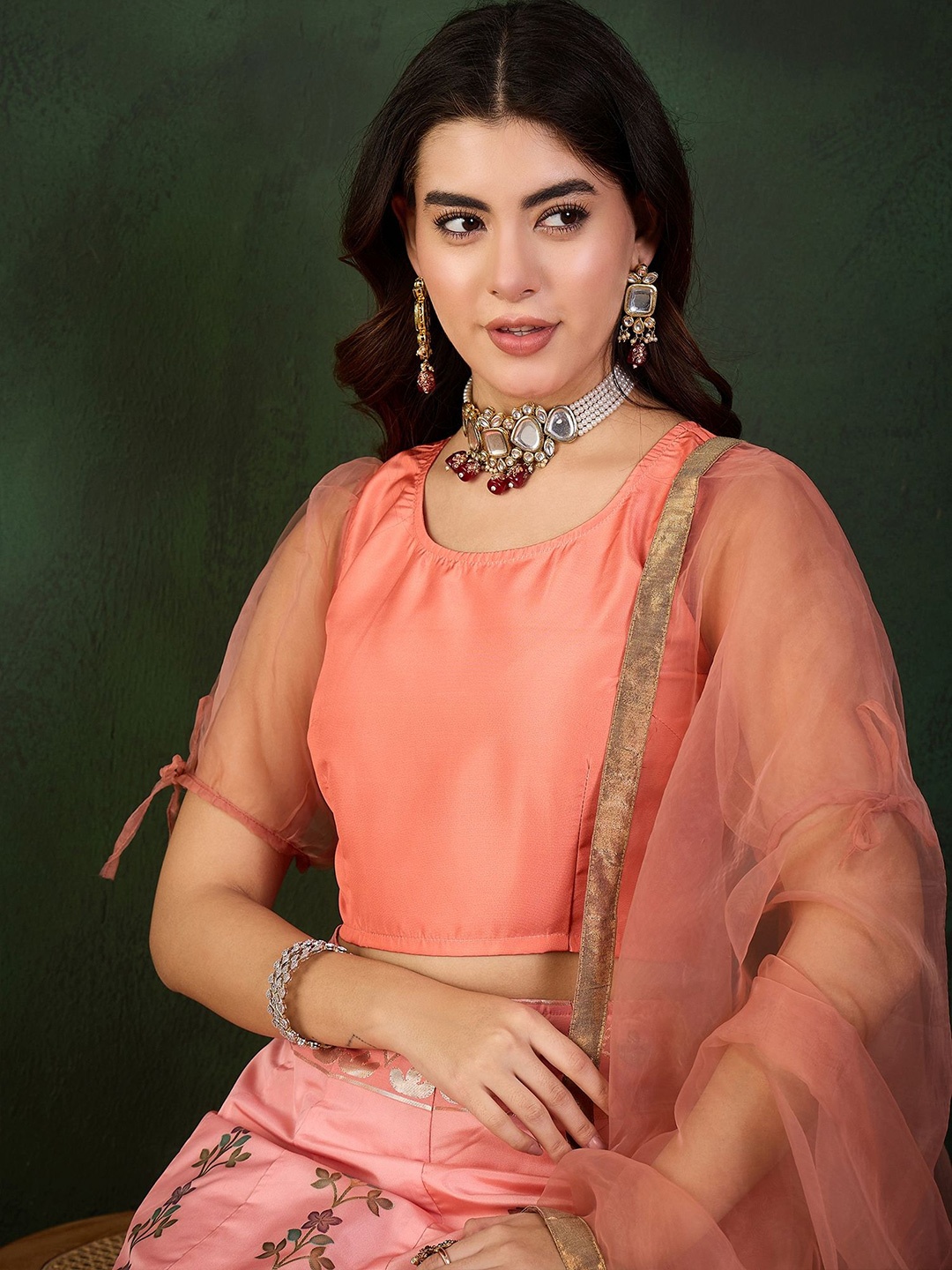 

Sangria Placement Printed & Woven Design Lehenga With Choli & Dupatta, Peach