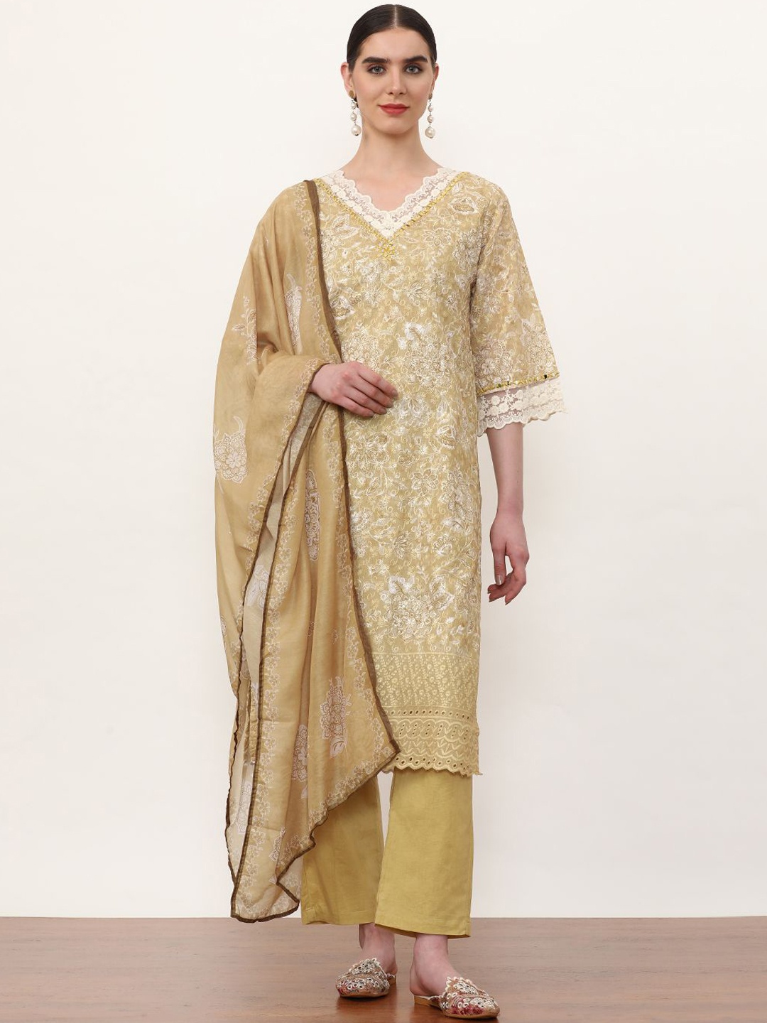 

Jaipur Kurti Women Floral Embroidered Regular Mirror Work Pure Cotton Kurta with Trousers & With Dupatta, Mustard