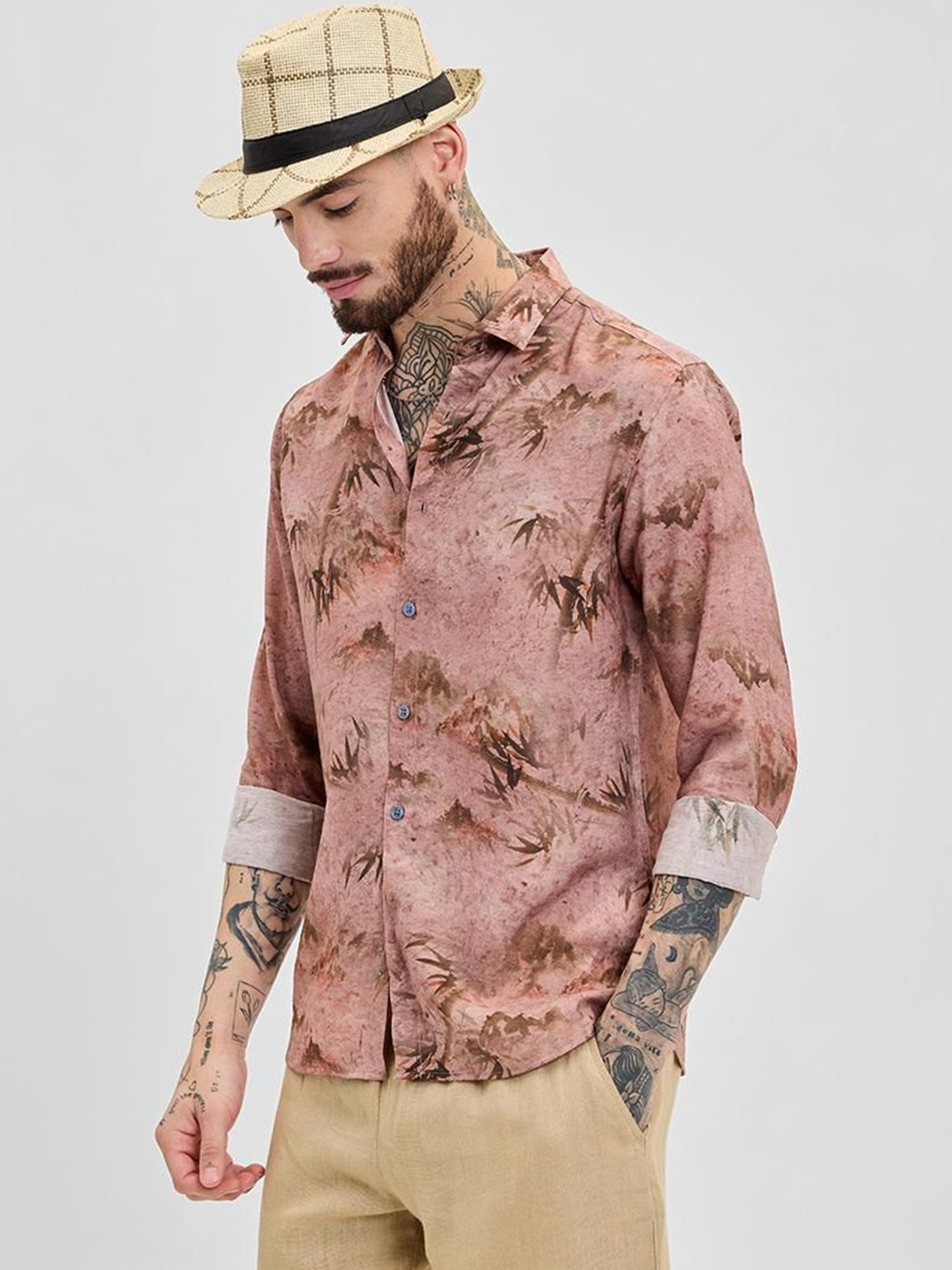 

Snitch Men Smart Slim Fit Opaque Printed Casual Shirt, Brown