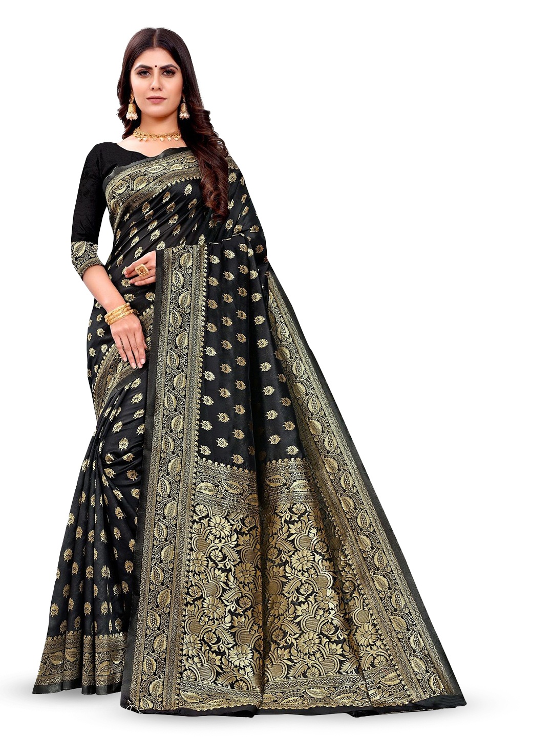 

KALINI Woven Design Zari Silk Blend Kanjeevaram Saree, Black