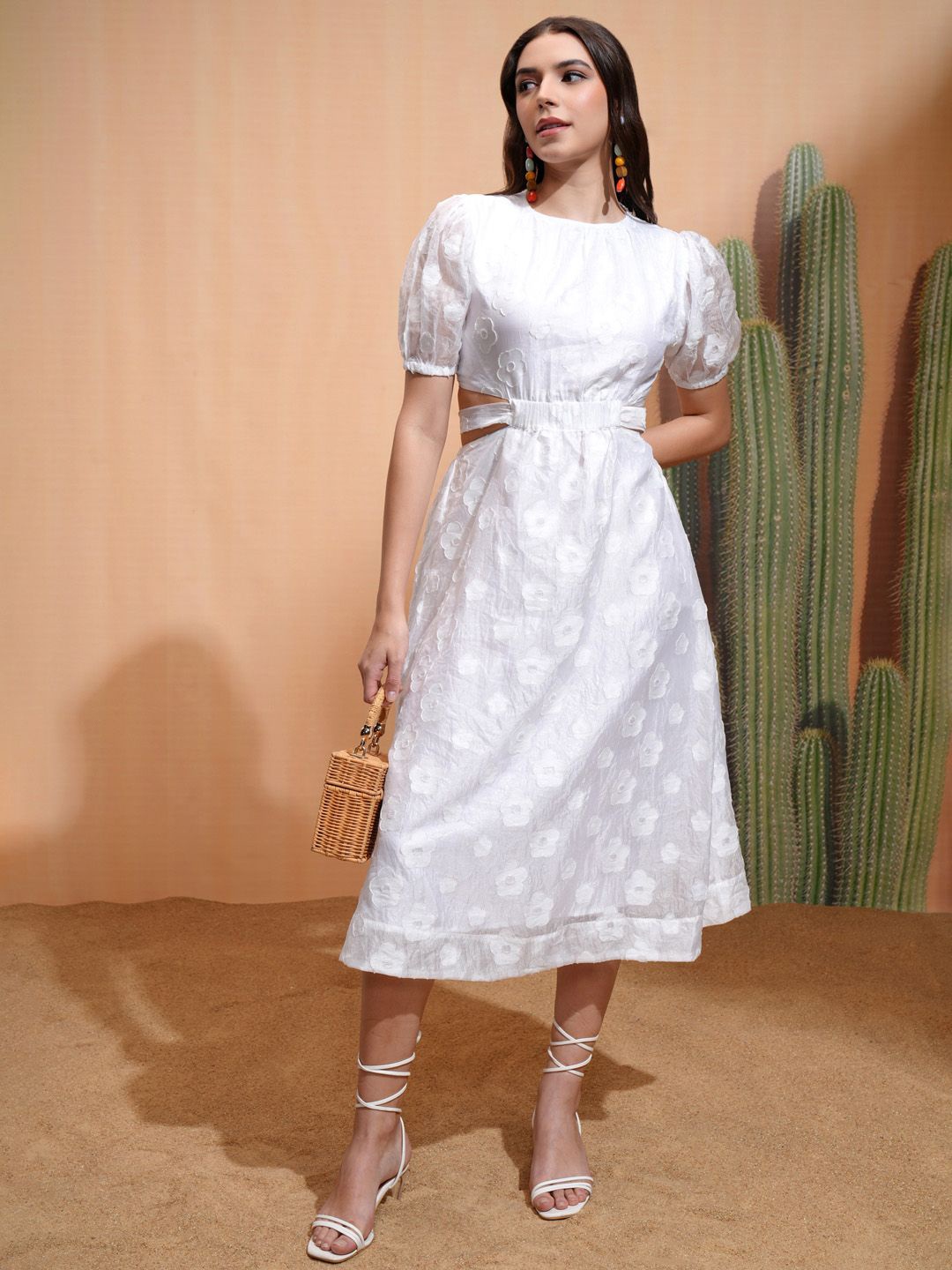 

Tokyo Talkies Puff Sleeve Jacquard Fit & Flare Midi Dress, White