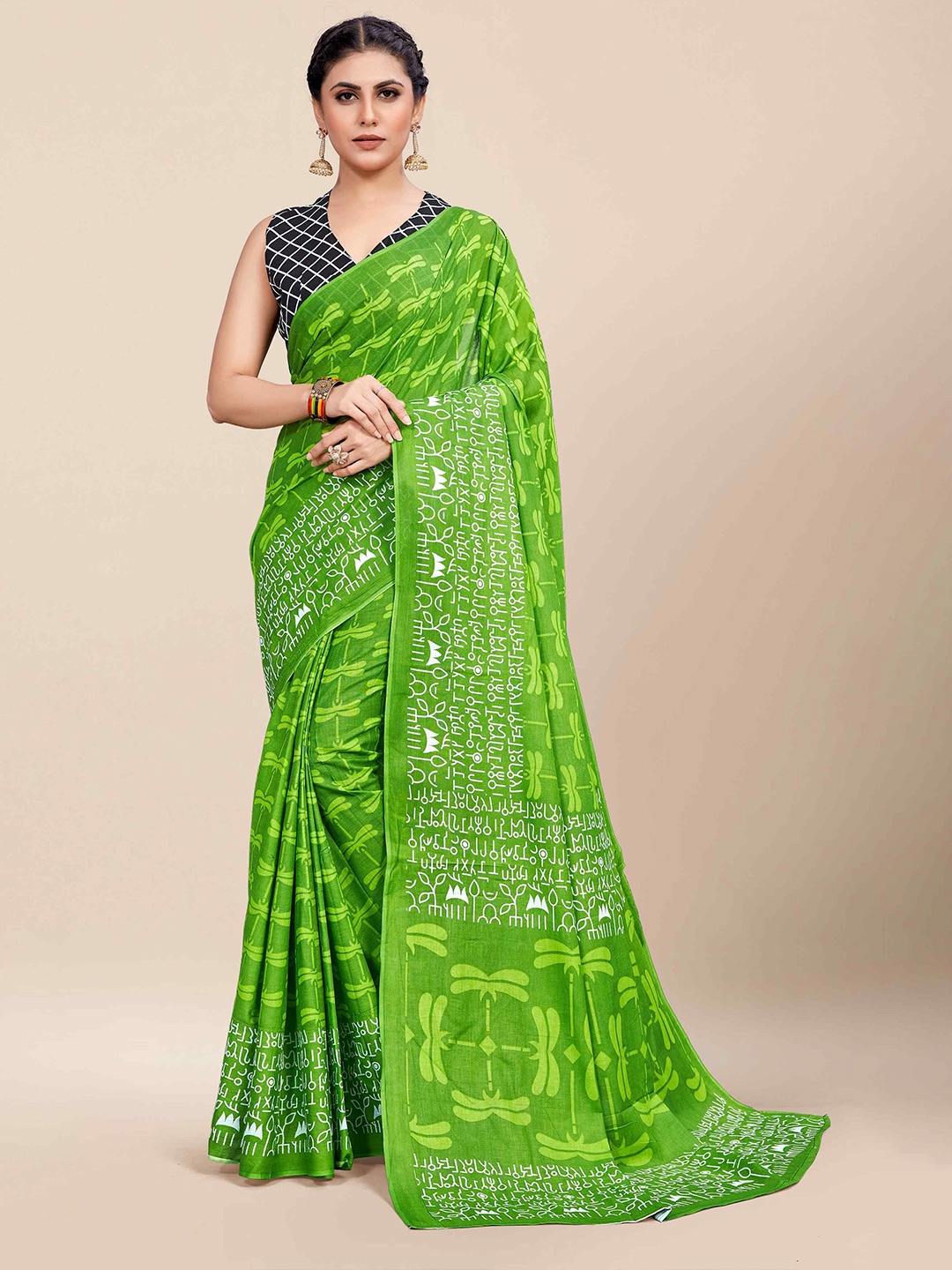 

HERE&NOW Printed Pure Cotton Daily Wear Saree, Green