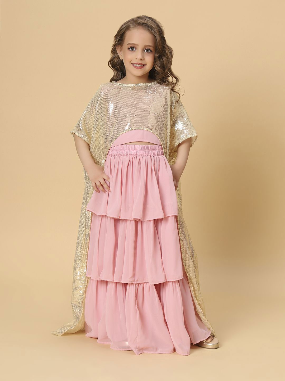 

CORD OF LOVE Girls Embellished Sequinned Ready to Wear Lehenga &, Pink