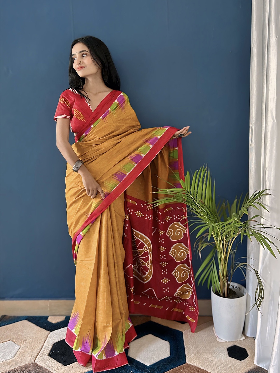 

HERE&NOW Ethnic Motifs Printed Pure Cotton Bagru Saree, Mustard