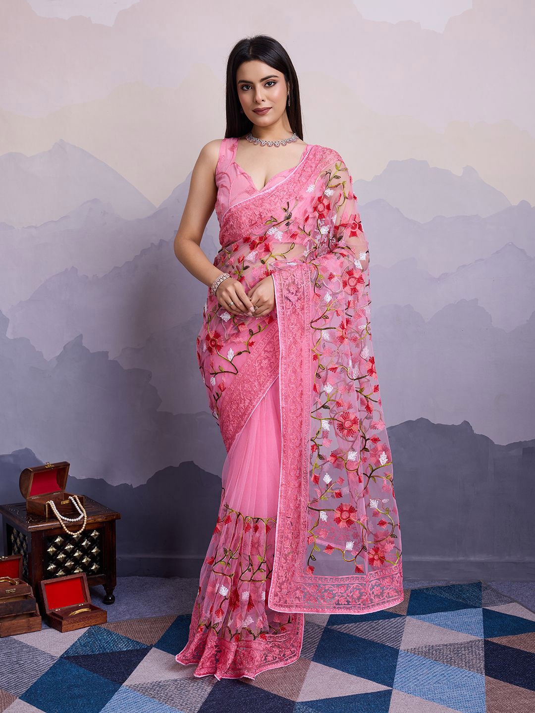 

HERE&NOW Floral Embroidered Net Saree With Blouse Piece, Pink