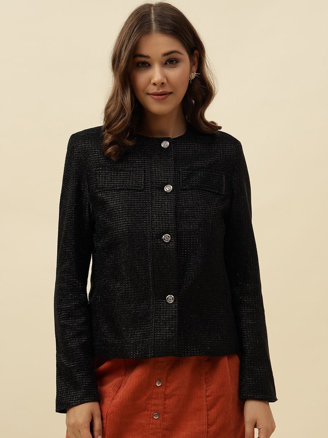 

Beatnik Women Collarless Self Design Casual Open Front Jacket, Black