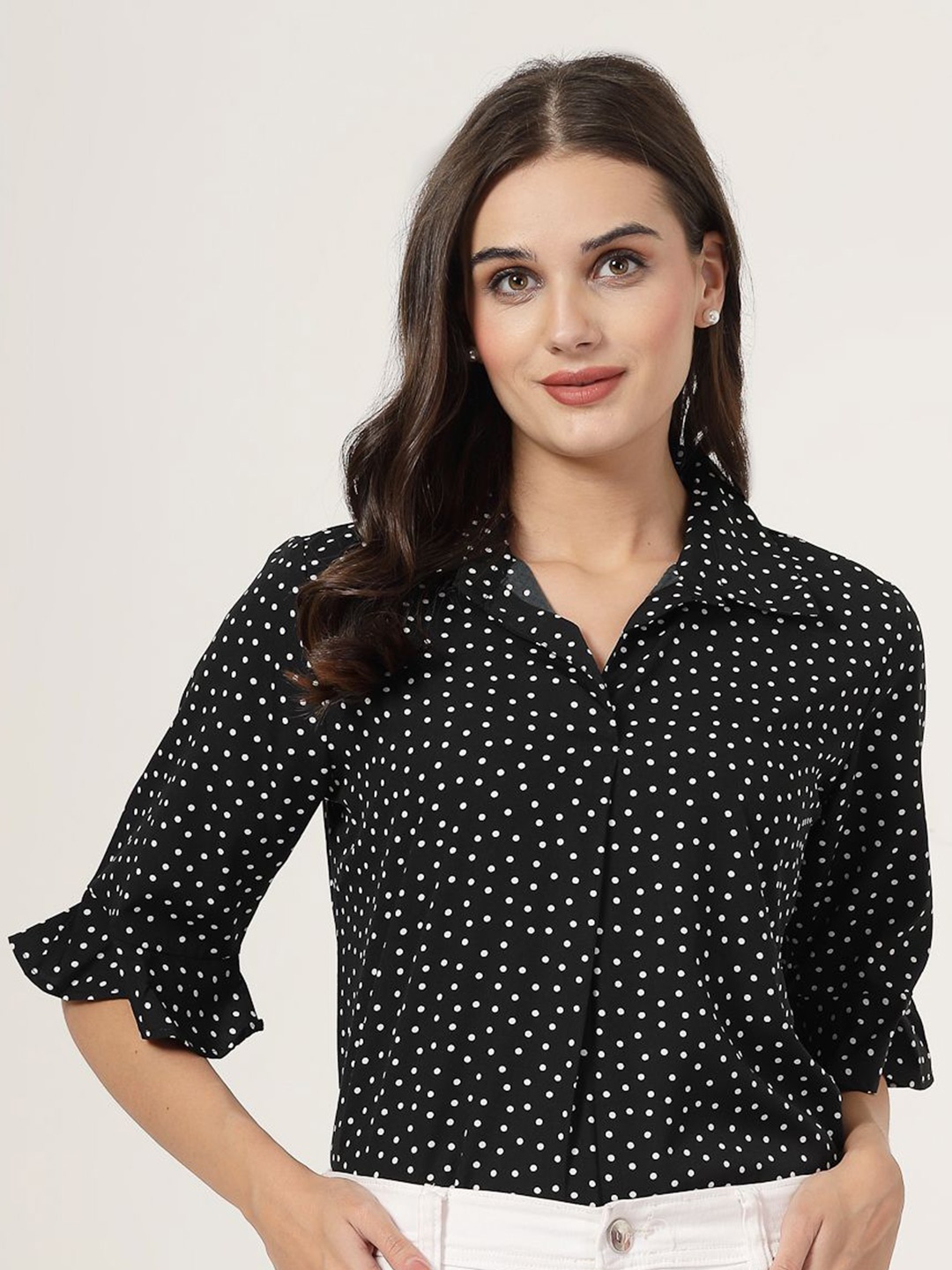 

Style Quotient Polka Dot Print Bell Sleeve Shirt Style Top, Black