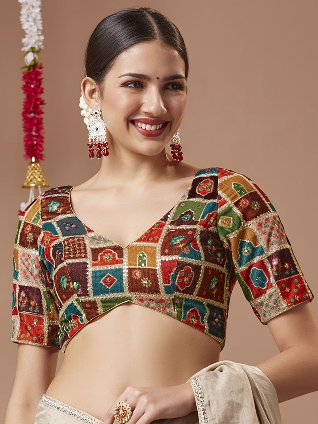 

SALWAR STUDIO Velvet Padded Sweetheart Neck Readymade Blouse with Elbow-Length Sleeves, Red