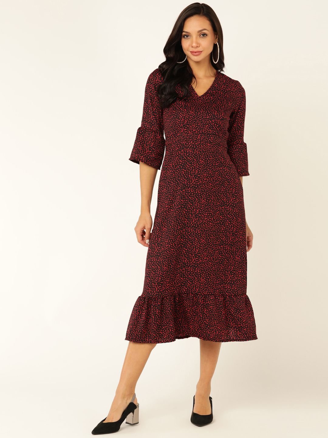 

DODO & MOA Print Bell Sleeve Georgette Sheath Midi Dress, Red