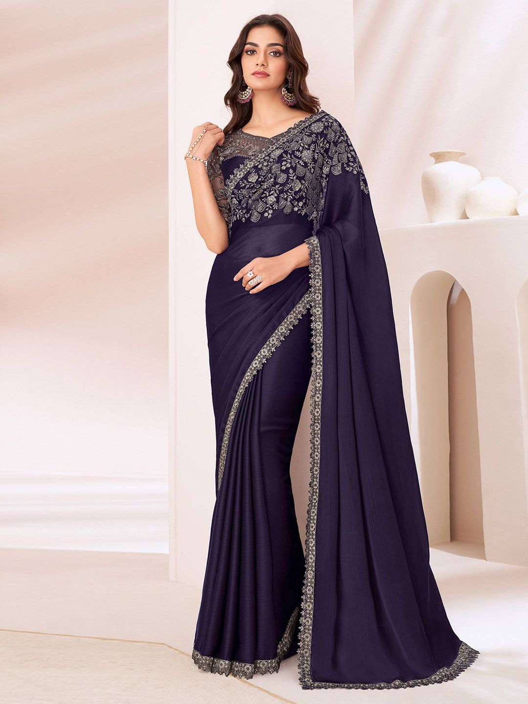 

Mitera Embellished Sequinned Pure Chiffon Saree, Purple