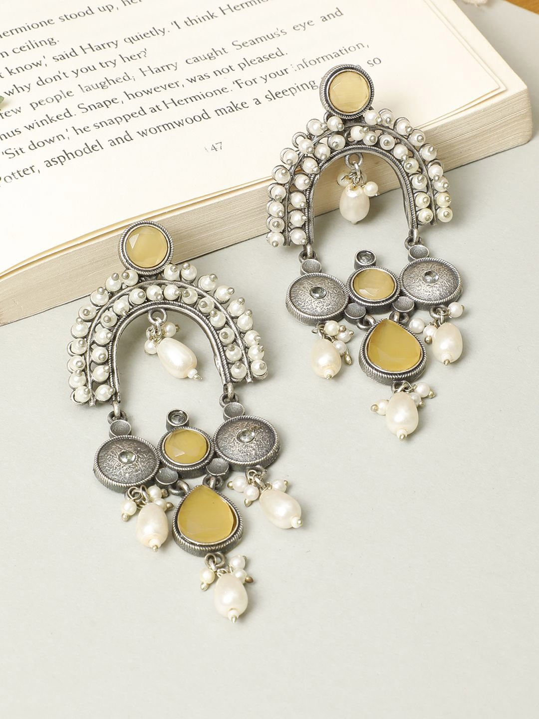 

VIVAZS Silver-Plated Contemporary Stone Studded & Beaded Oxidised Drop Earrings