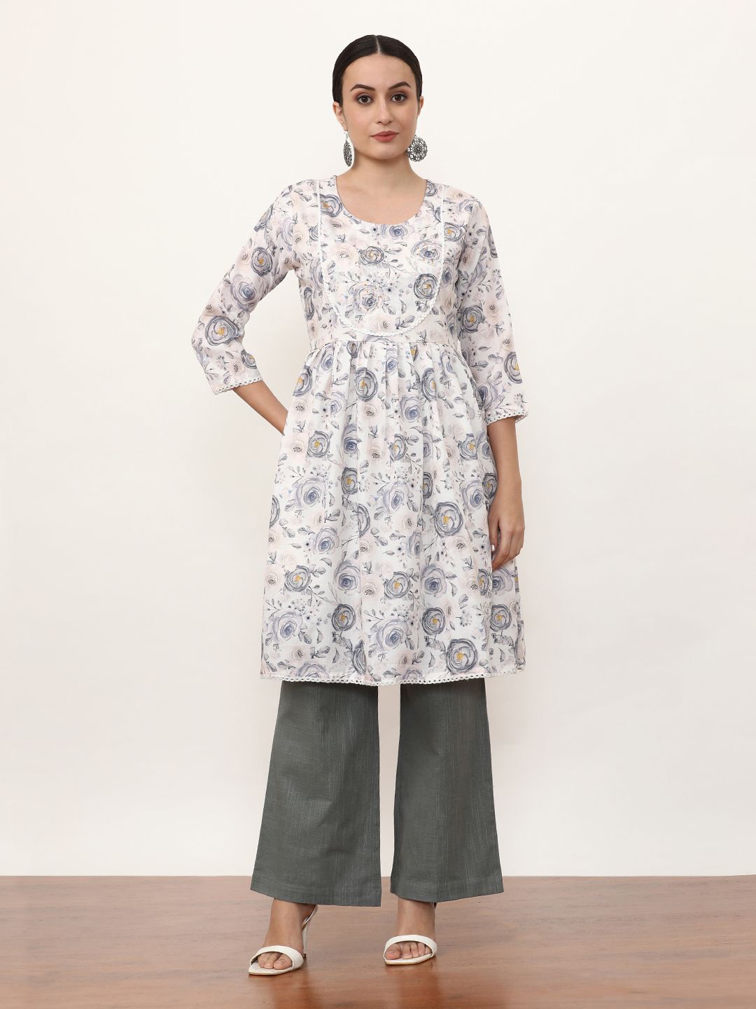 

Jaipur Kurti Floral Embroidered Linen Dress, Off white