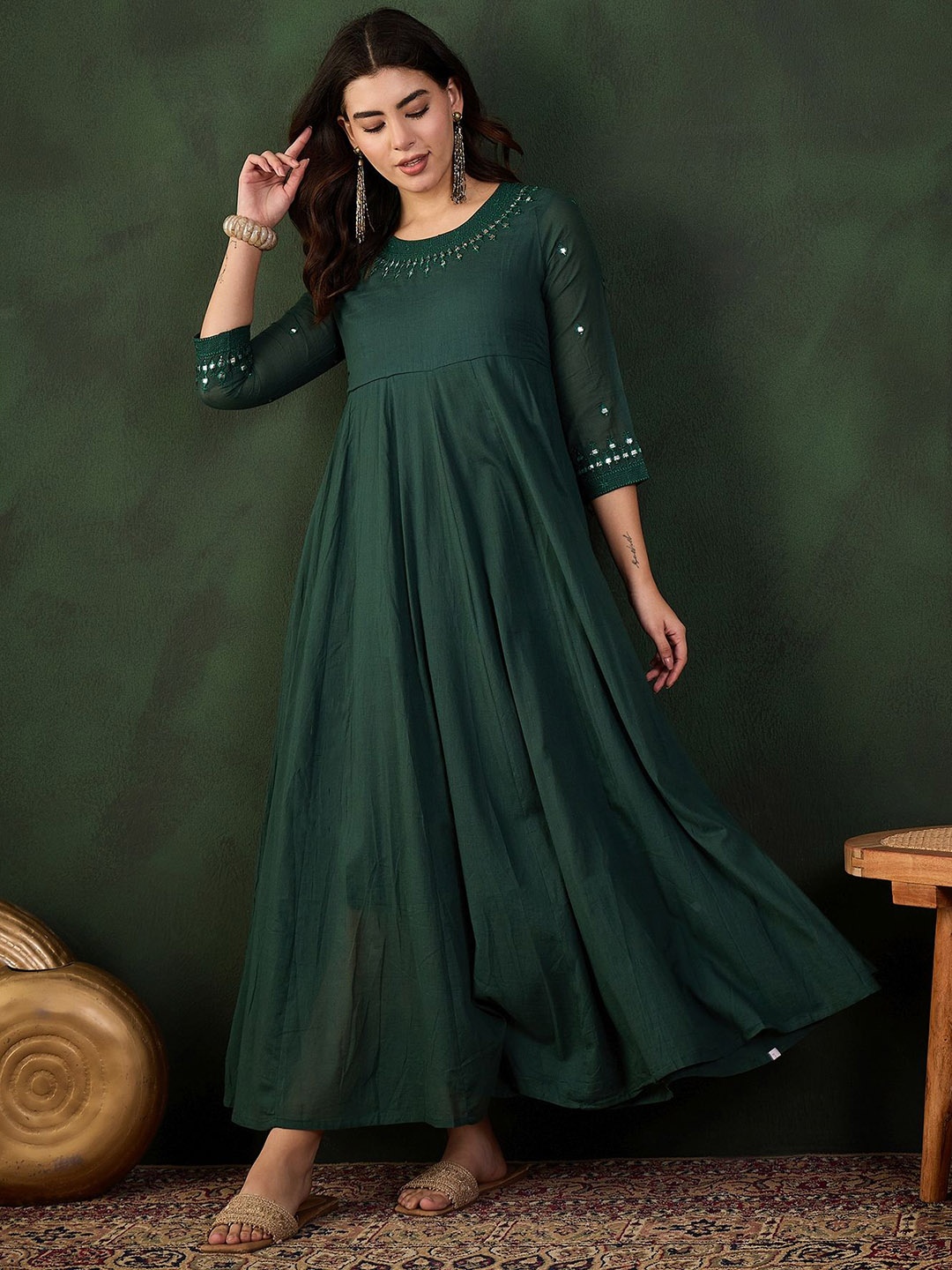 

Sangria Embroidered Cotton Fit & Flare Maxi Ethnic Dress, Green