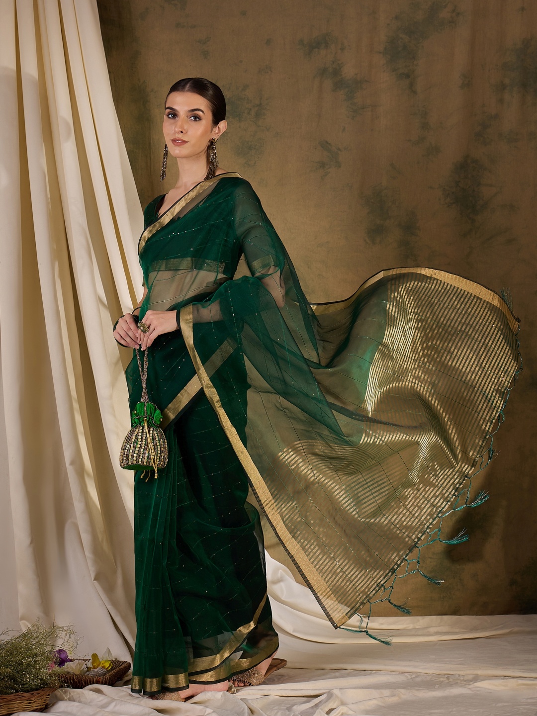 

A.V.M Prints Woven Design Embellished Zari Saree, Green
