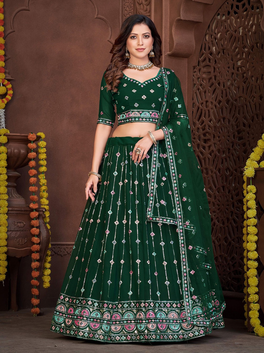 

Warthy Ent Embroidered Thread Work Semi-Stitched Lehenga & Unstitched Blouse With Dupatta, Green