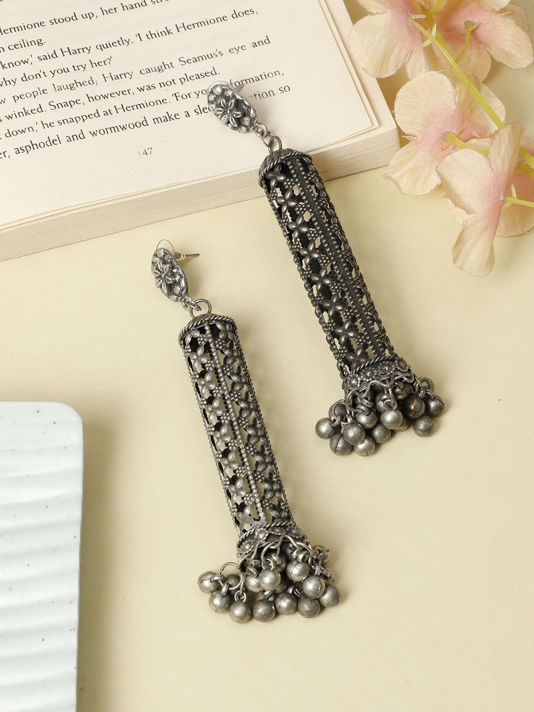 

VIVAZS Silver-Plated Stone Studded Dome Shaped Oxidized Jhumkas