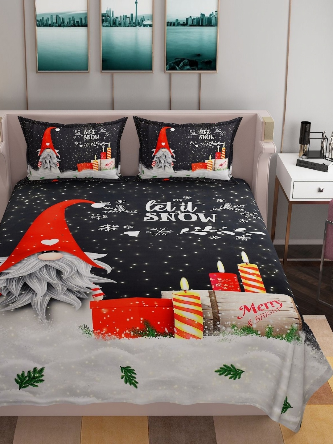 

BELVOSTUM Grey & Black Cartoon Characters 250 TC King Bedsheet with 2 Pillow Covers