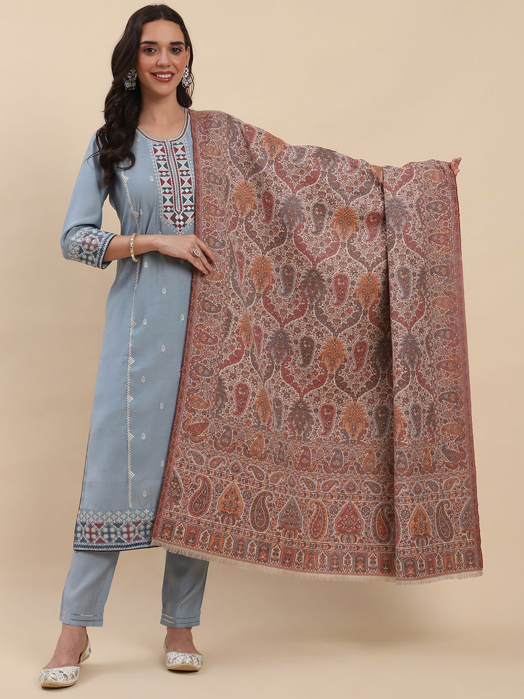 

La Vastraa Woven Design Fringed Shawl, Beige