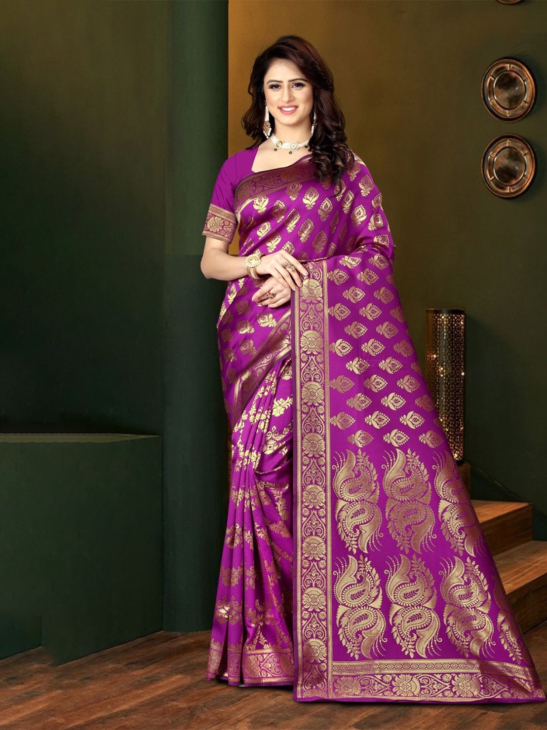 

KALINI Woven Design Zari Silk Blend Kanjeevaram Saree, Purple
