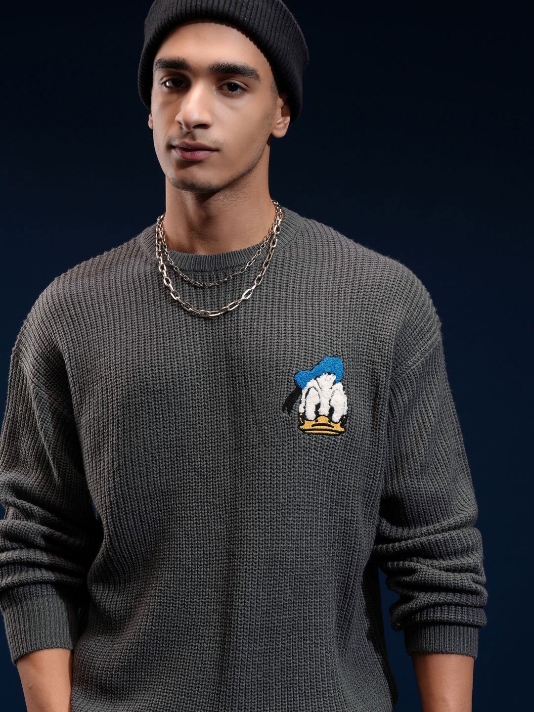 

HIGHLANDER Disney Donald Duck Men Cable Knit Printed Pullover, Grey