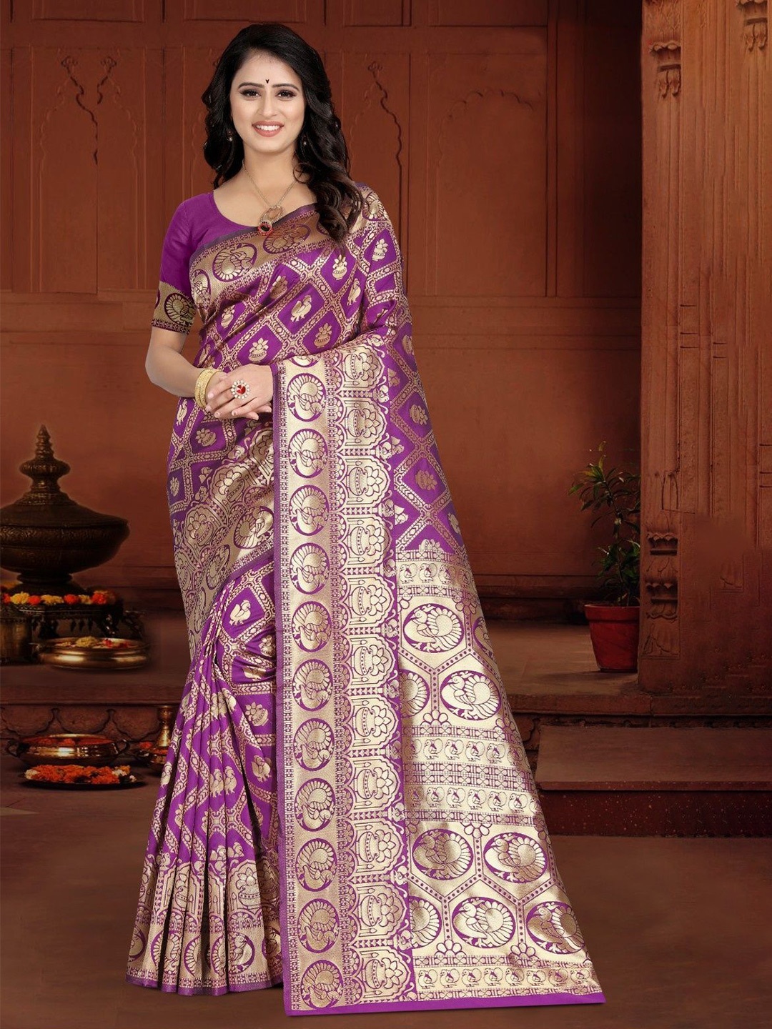 

KALINI Woven Design Zari Silk Blend Kanjeevaram Saree, Purple