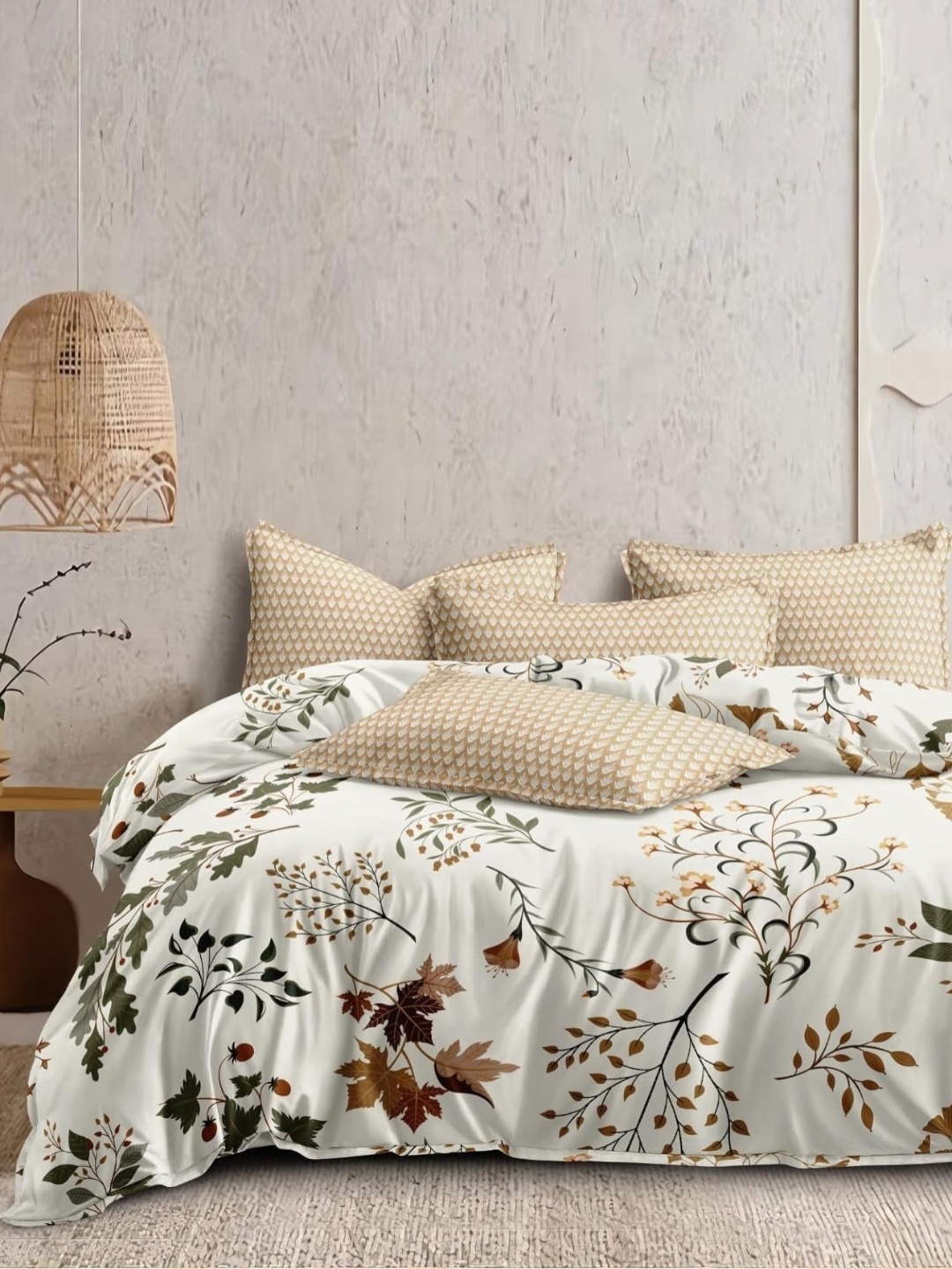 

Myntra Elegant Homes Cream-Coloured & Brown Floral Polycotton 4 Piece Double King Regular Bedding Set