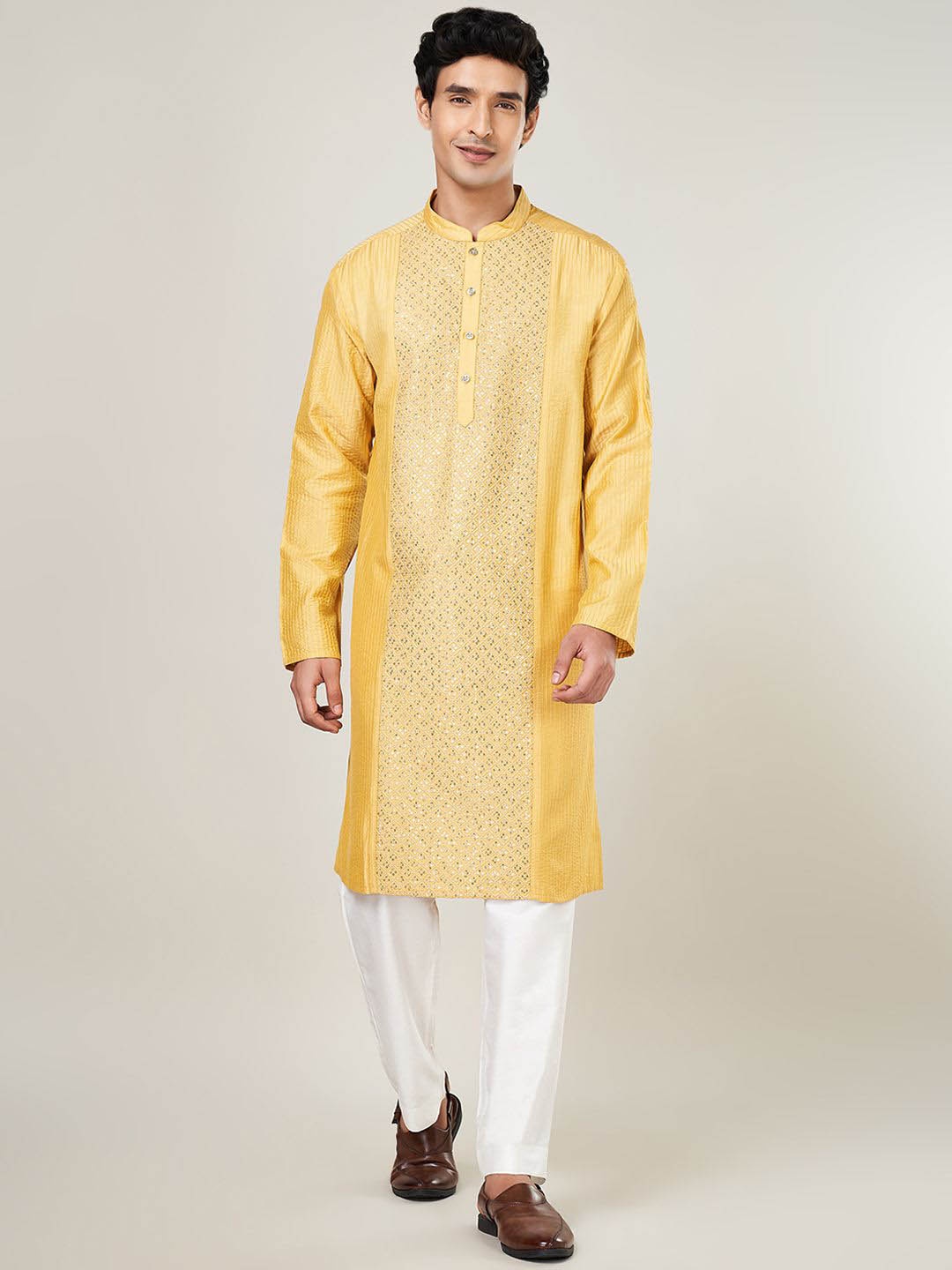 

indus route by Pantaloons Ethnic Motifs Embroidered Mandarin Collar Sequins Straight Kurta, Mustard