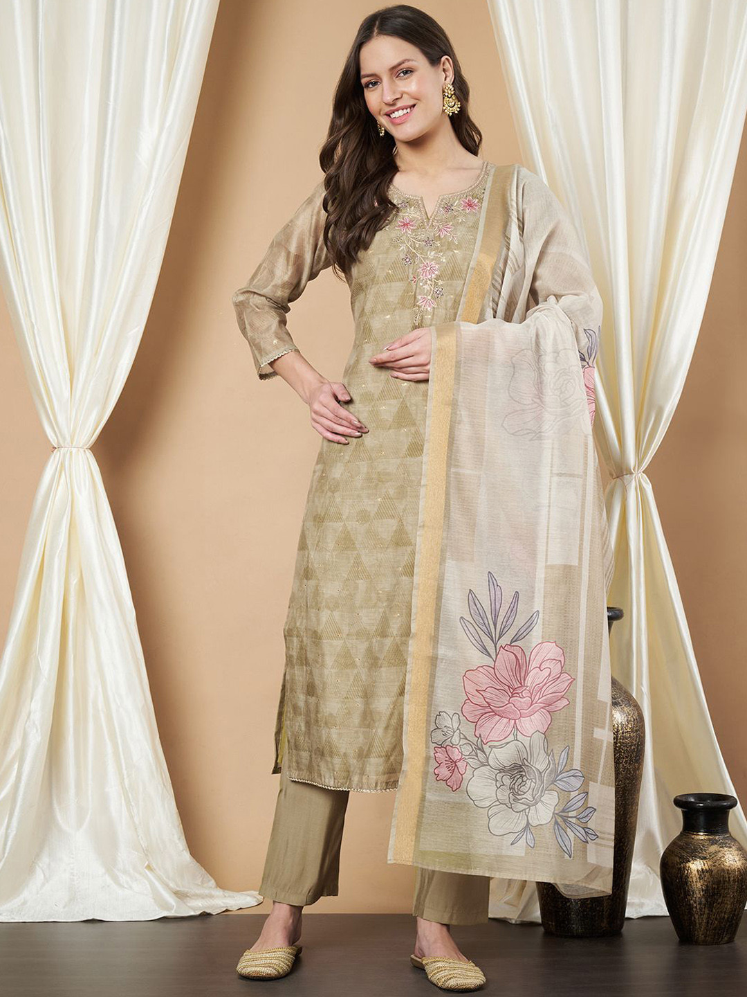 

all about you Women Floral Embroidered Regular Chanderi Cotton Kurta with Trousers & With Dupatta, Green