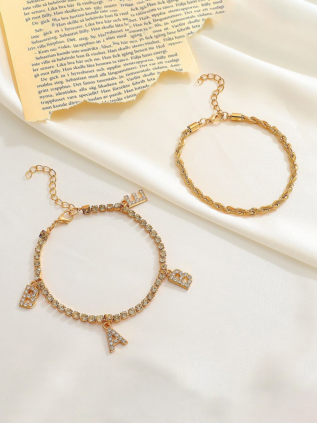

Just Lil Things Set of 2 Artificial Stones Studded Link Bracelet, Gold
