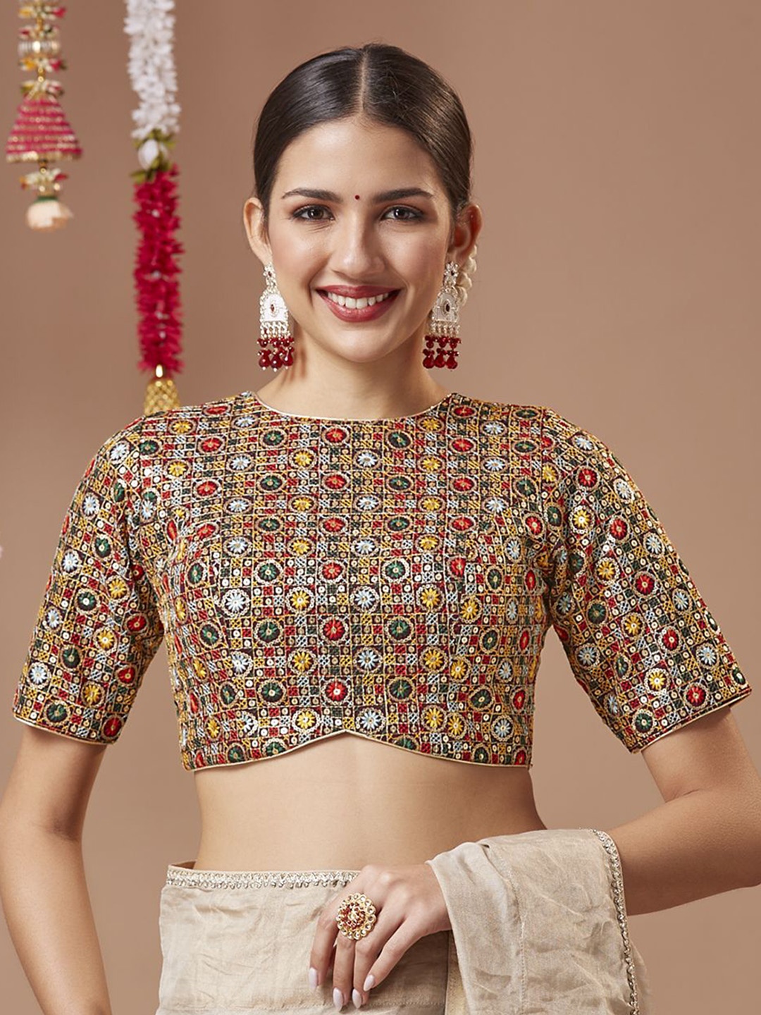 

SALWAR STUDIO Georgette Round Neck Padded Readymade Blouse, Brown