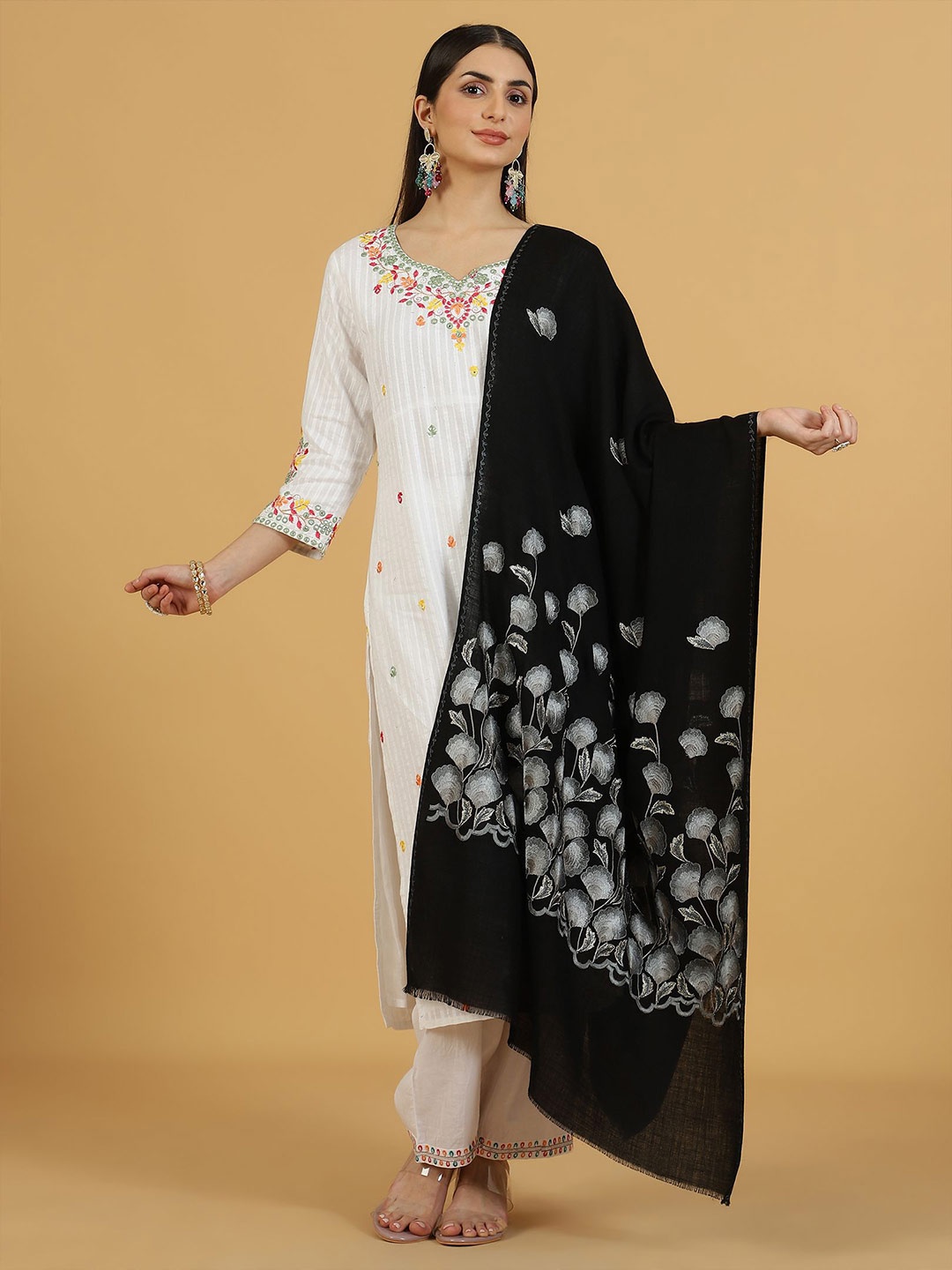 

La Vastraa Floral Embroidered Shawl, Black