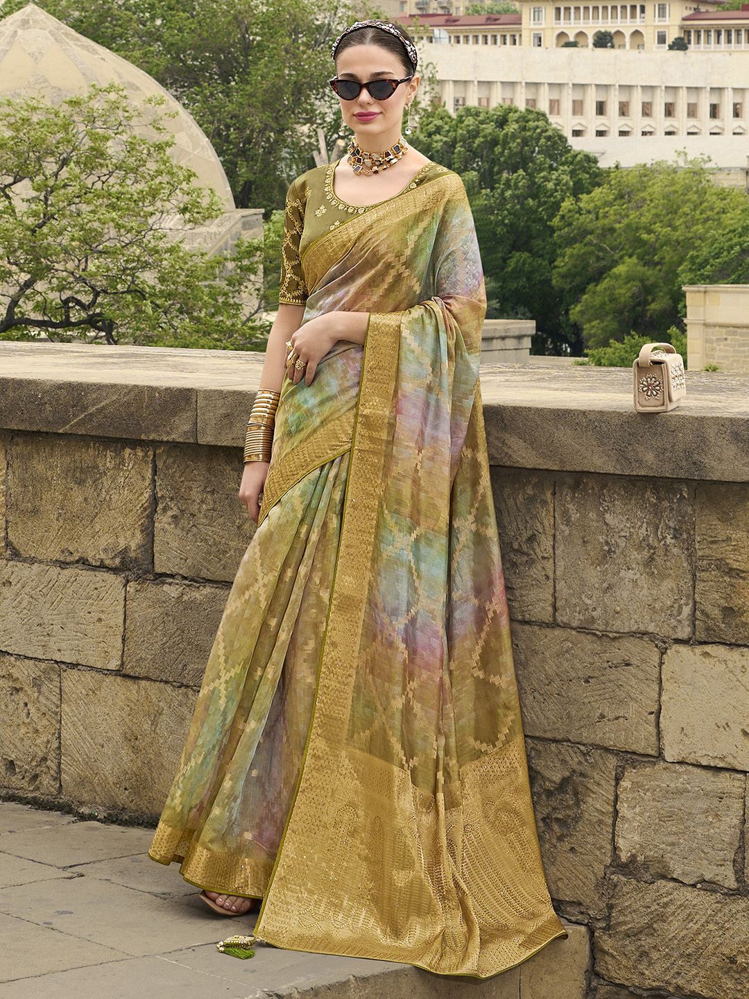 

Anouk Woven Design Beads and Stones Brocade Banarasi Saree, Olive