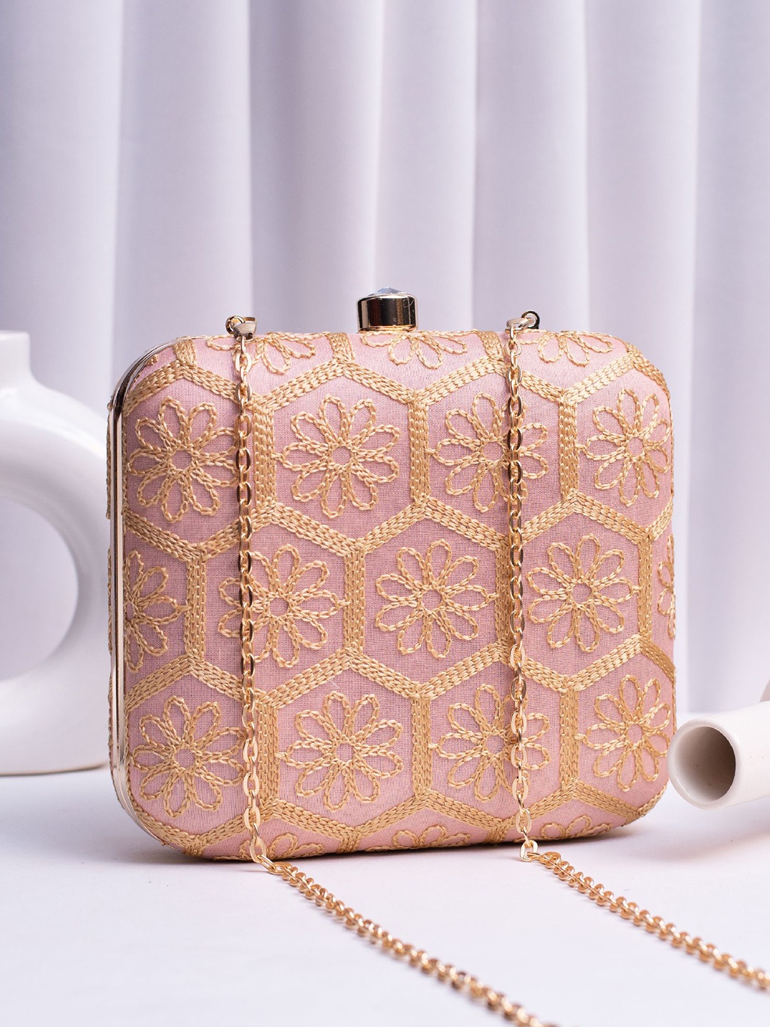 

ARTKLIM Embroidered Box Clutch, Peach