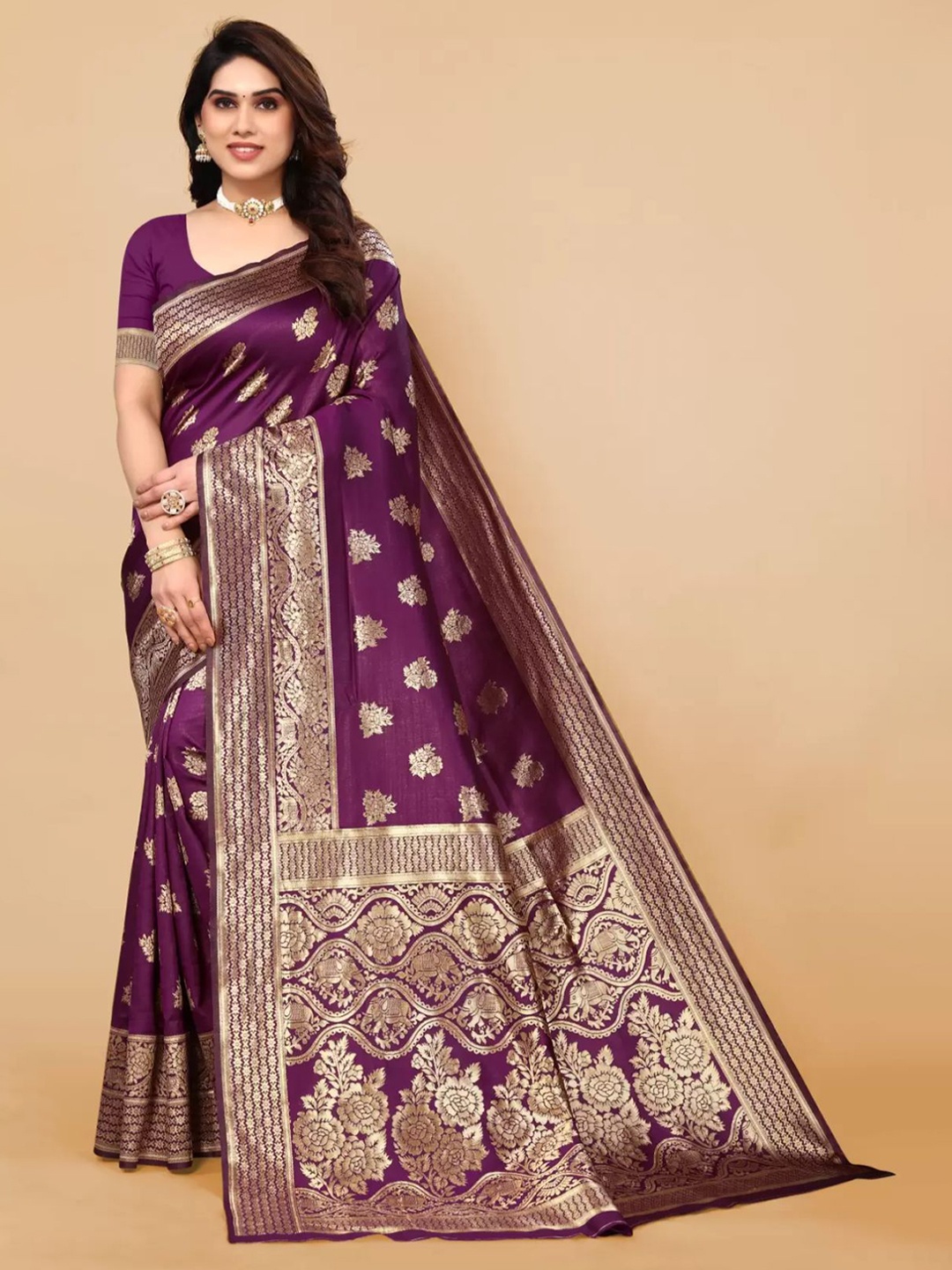 

KALINI Woven Design Zari Silk Blend Designer Kanjeevaram Saree, Purple