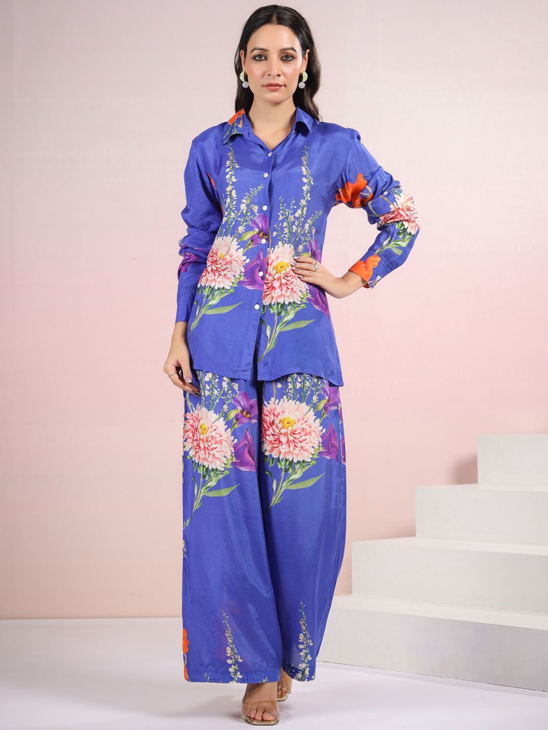 

Coordnord Printed Shirt Collar Long Sleeves Shirt With Palazzo, Blue