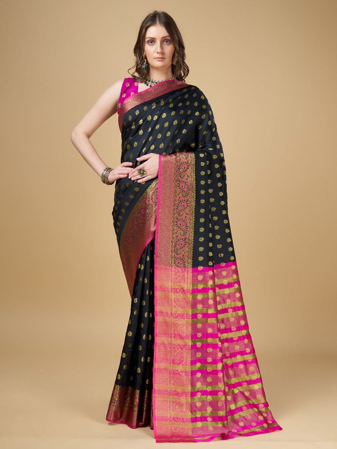 

KALINI Woven Design Zari Silk Blend Kanjeevaram Saree, Black