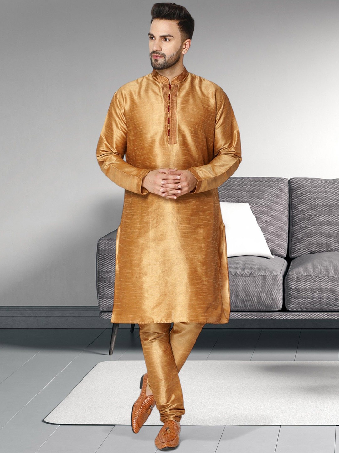 

SKAVIJ Mandarin Collar Long Sleeves Regular Straight Kurta With Churidar, Brown