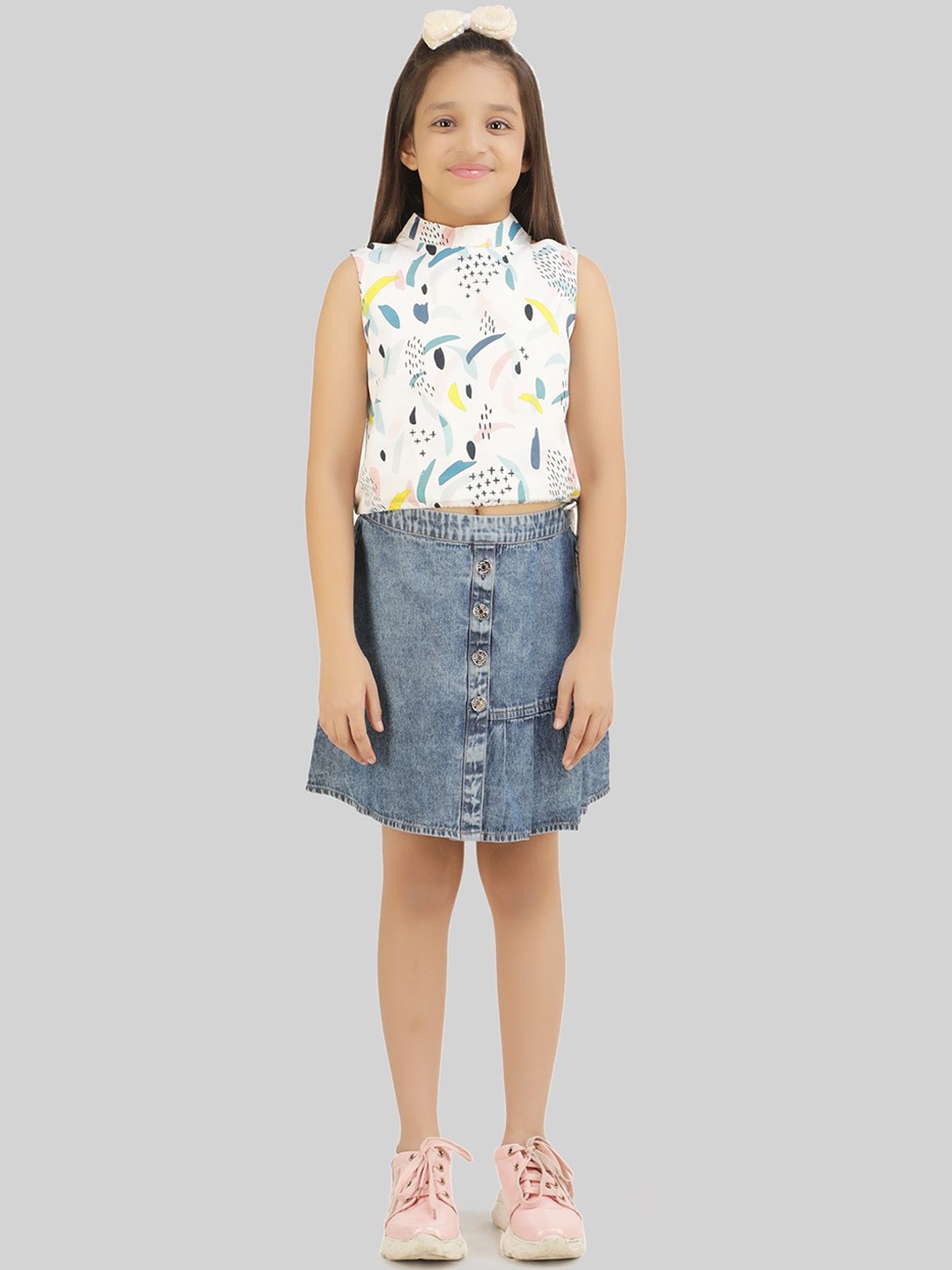 

BEING NAUGHTY Girls Printed High Neck Sleeveless Top With Skirt, White