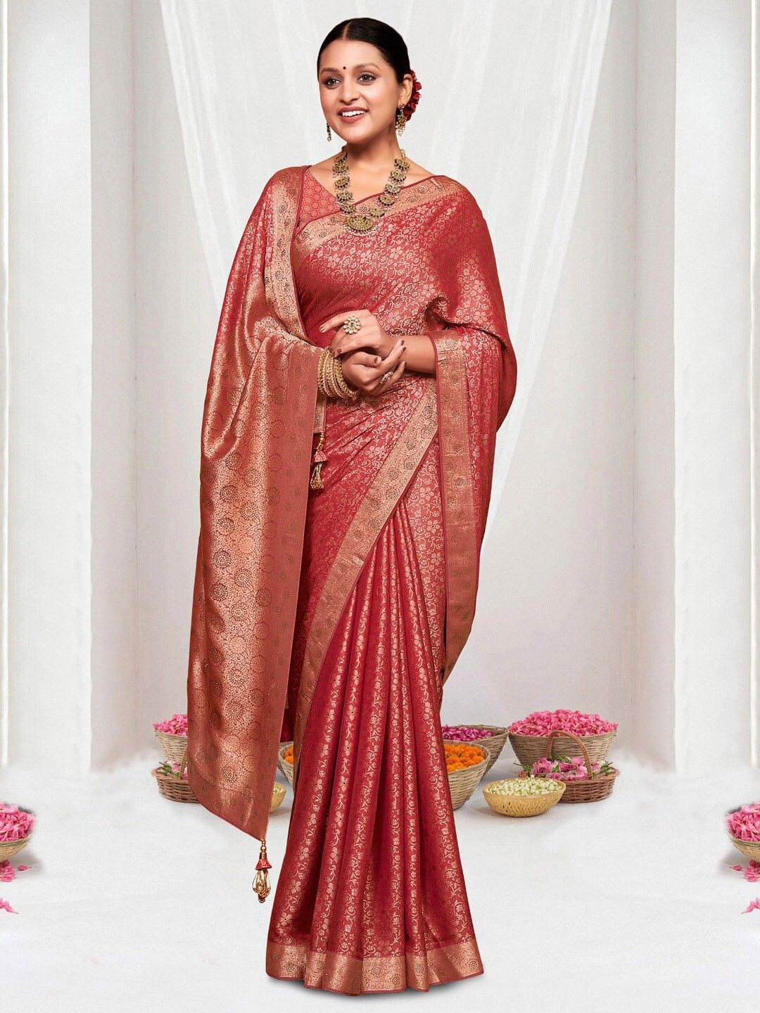 

A.V.M Prints Women Woven Design Zari Pure Silk Saree, Red