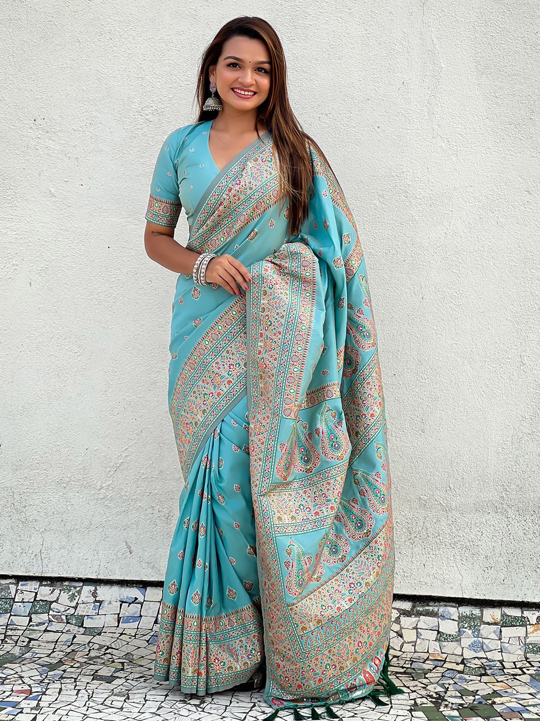 

Mitera Woven Design Zari Pashmina Saree, Blue