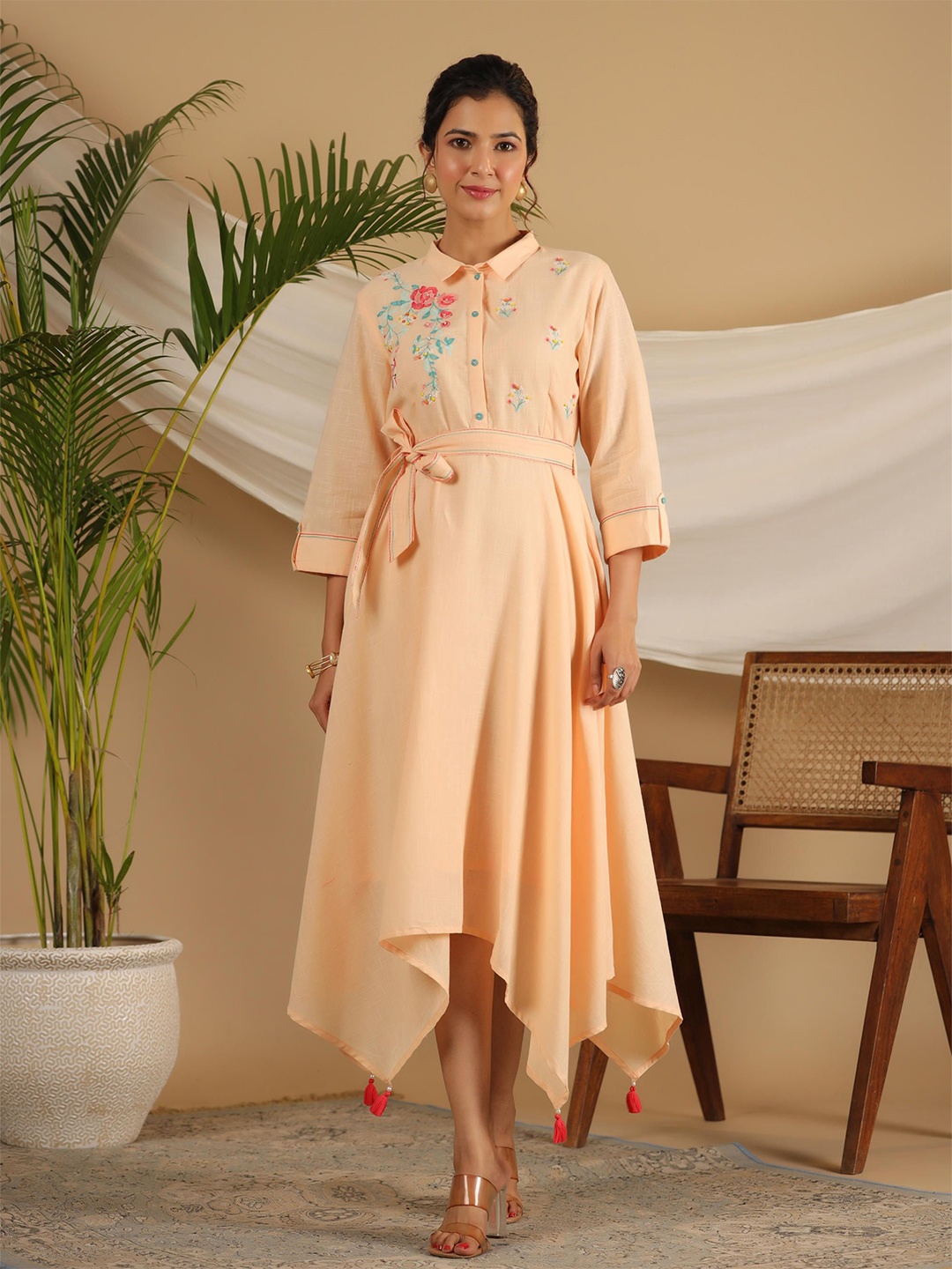 

Juniper Floral Embroidered Fit & Flare Midi Dress, Peach