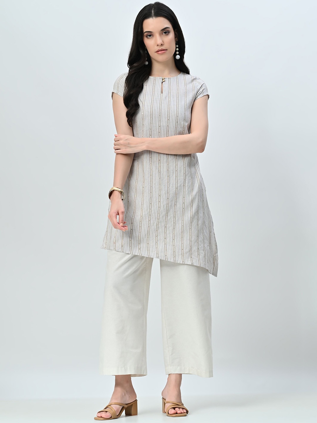 

ALL WAYS YOU Women Striped Regular Sequinned Kurta with Palazzos, Beige