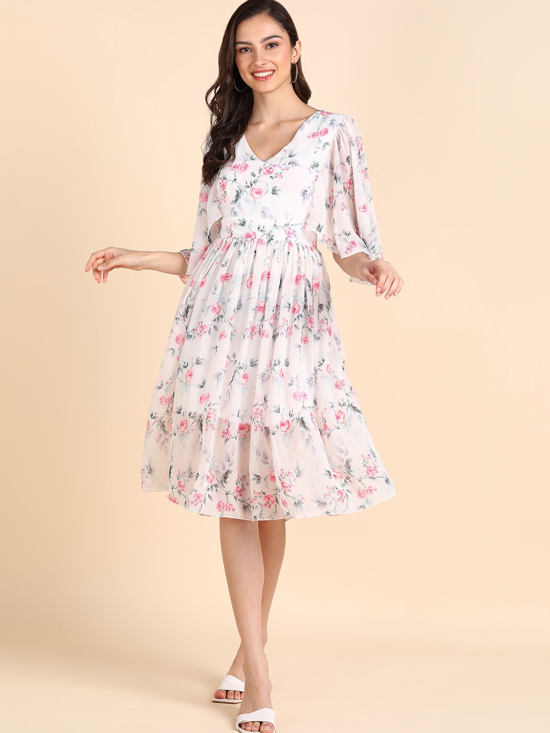 

DODO & MOA Floral Print Georgette Fit & Flare Dress, White