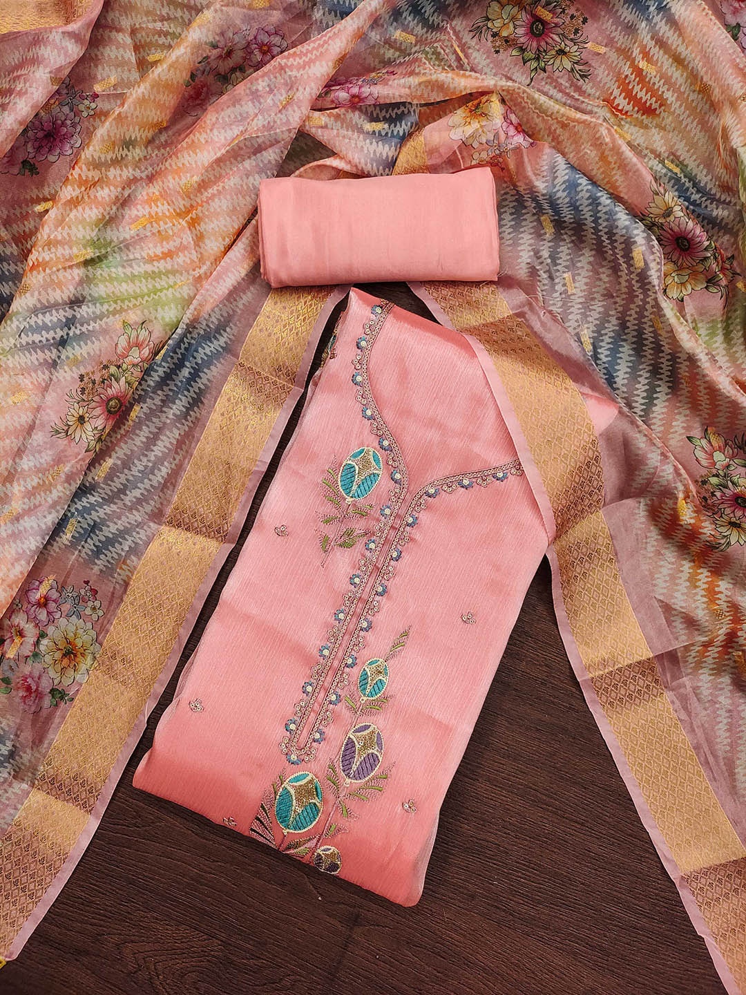 

Maroosh Embellished Unstitched Dress Material, Peach