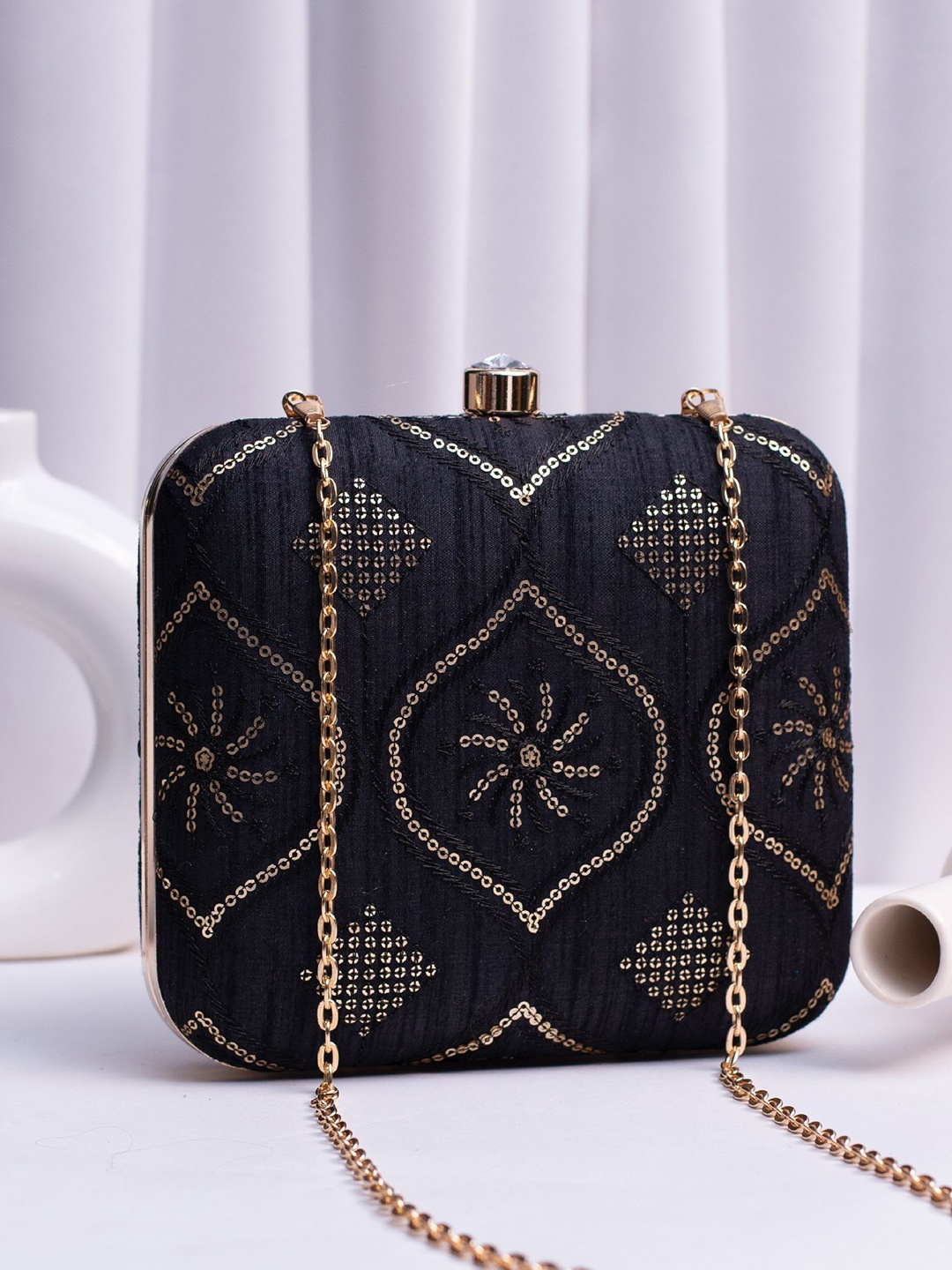 

ARTKLIM Embroidered Embellished Box Clutch, Black